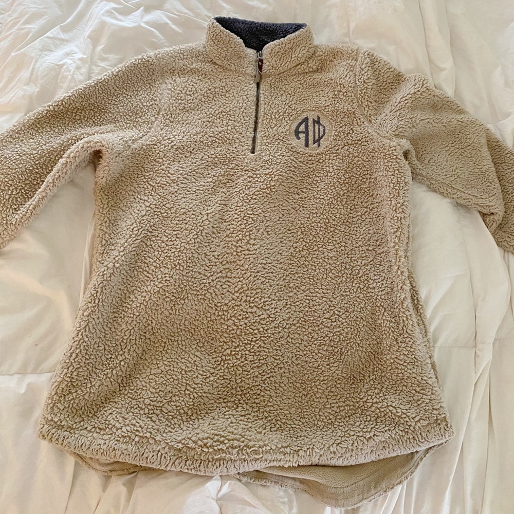 Alpha Phi beige fuzzy quarter zip